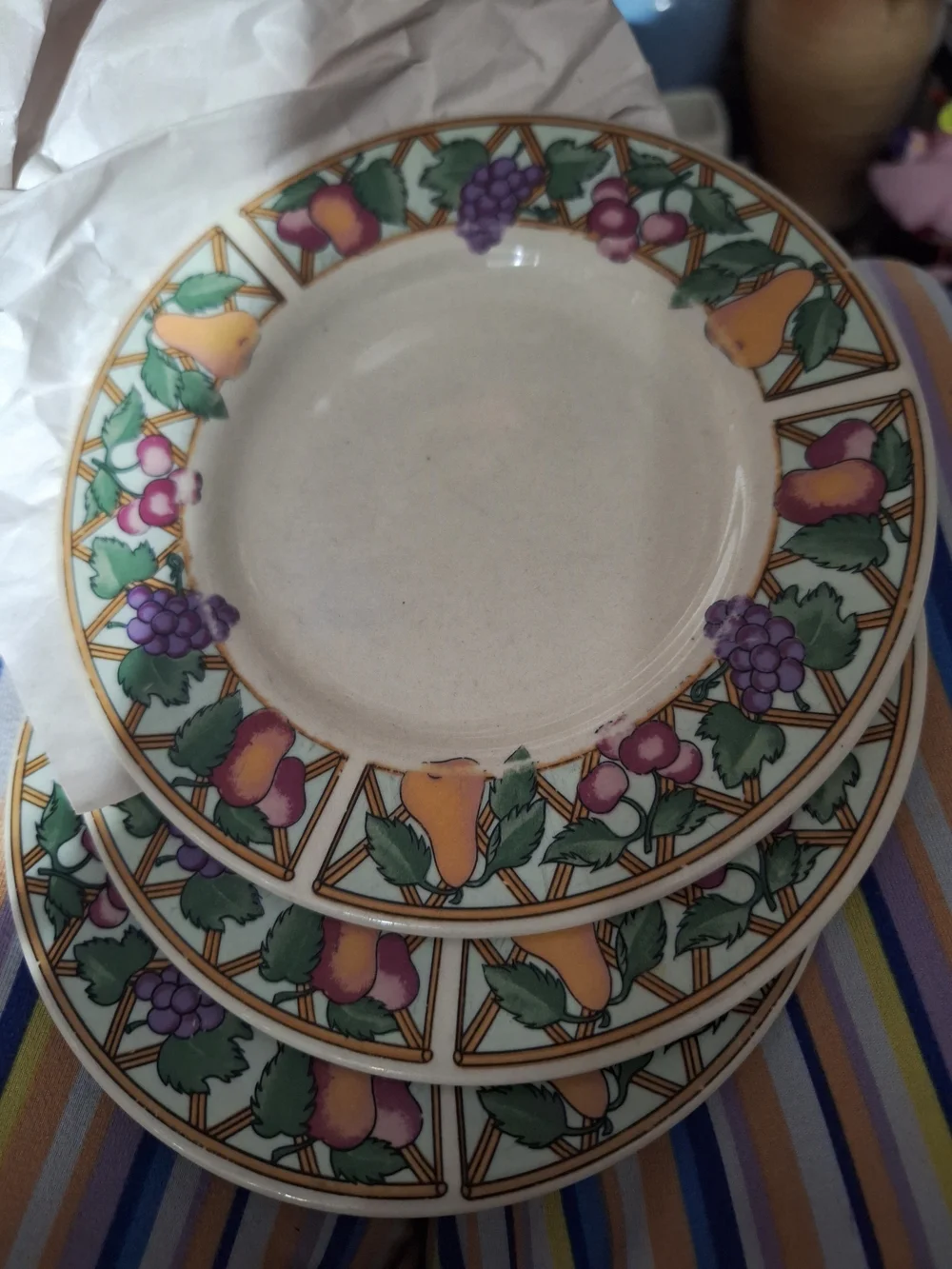 3 Majestic Fruit Border Ceramic Salad Plate - White, Purple, Yellow, Green
